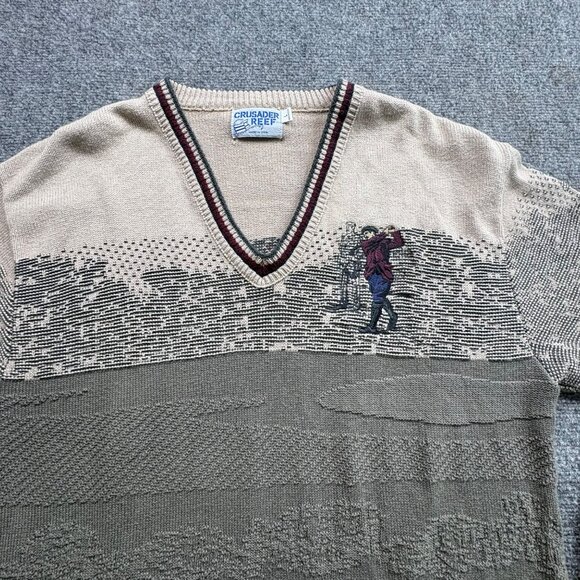 VTG OK Crusader Reef Sweater Mens L Beige Grey Embroidered Golfer Sport Grandpa - Picture 3 of 15
